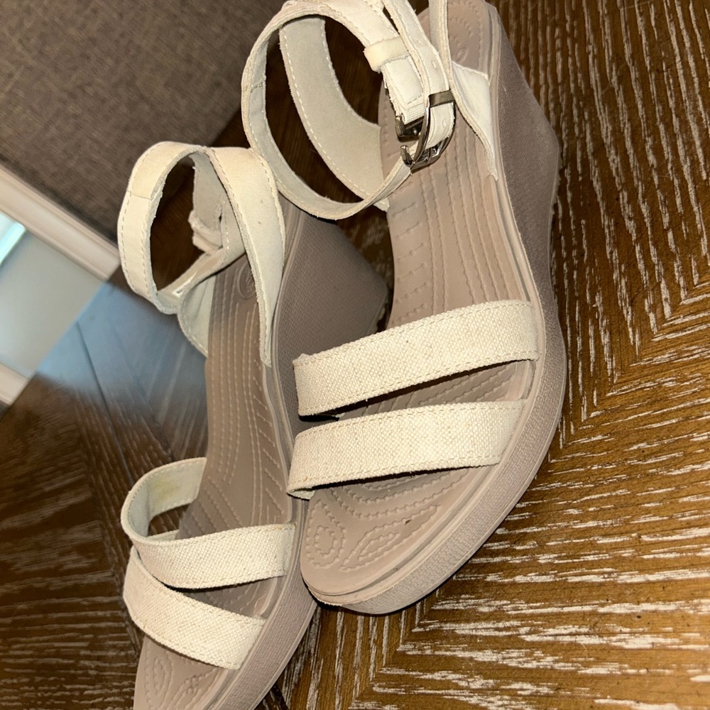 CROCS Cream Tan Wedge Sandals with Adjustable Ankle Strap